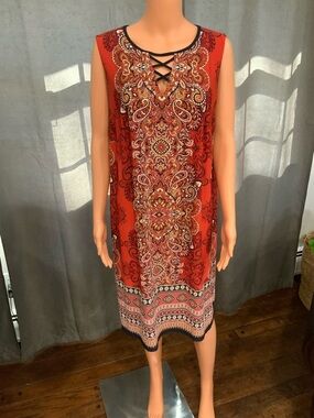 dressbarn Red Paisley Lace-Up Shift Dress with Border Print